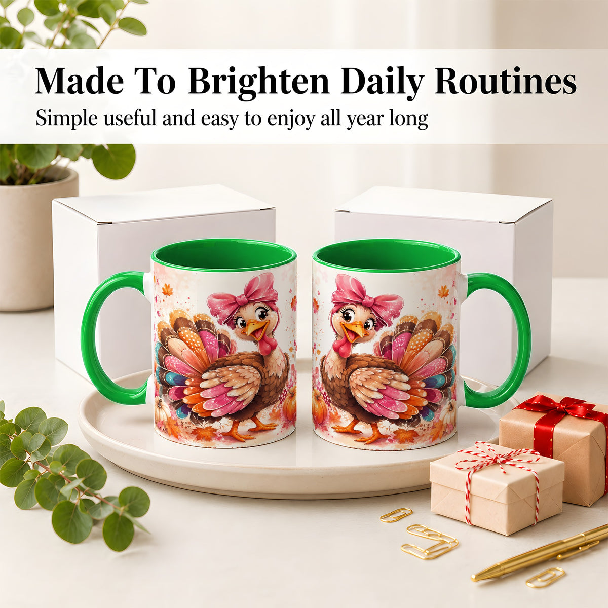 #pl[11oz|Green] Colorful Thanksgiving Turkey Accent Mug, Mug with Pink Bow Art