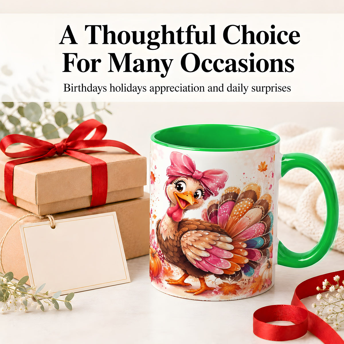 #pl[11oz|Green] Colorful Thanksgiving Turkey Accent Mug, Mug with Pink Bow Art