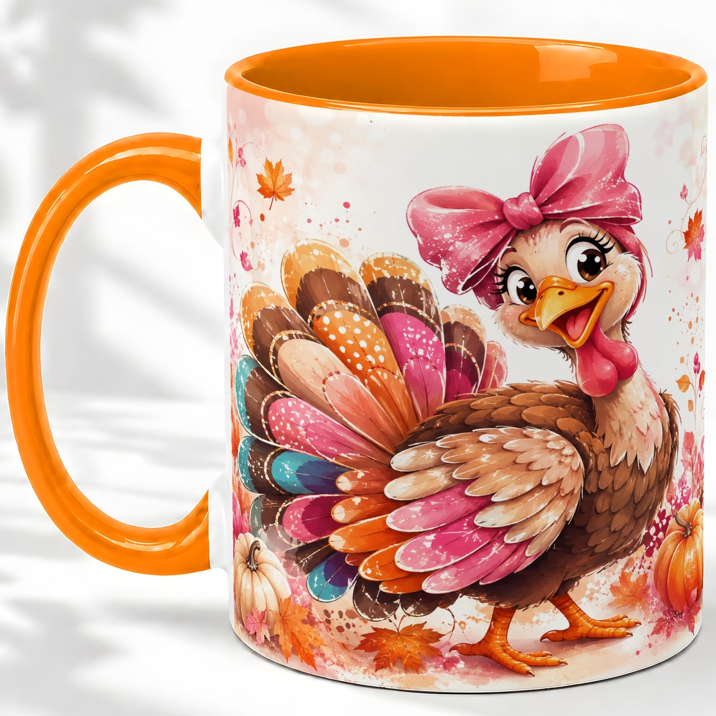 #pl[11oz|Orange] Colorful Thanksgiving Turkey Accent Mug, Mug with Pink Bow Art