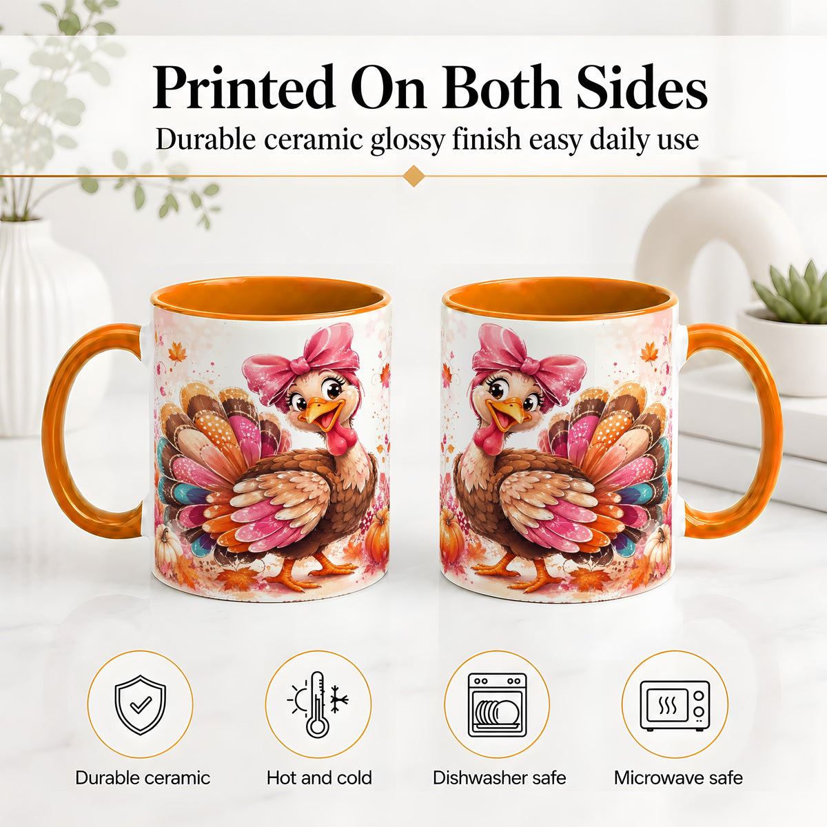 #pl[11oz|Orange] Colorful Thanksgiving Turkey Accent Mug, Mug with Pink Bow Art