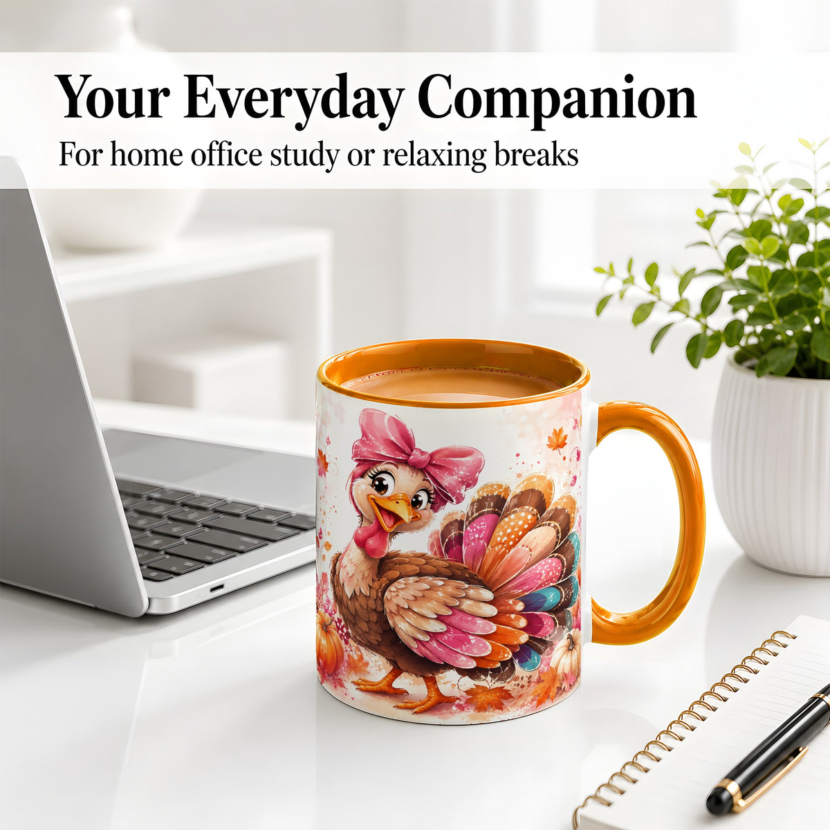 #pl[11oz|Orange] Colorful Thanksgiving Turkey Accent Mug, Mug with Pink Bow Art