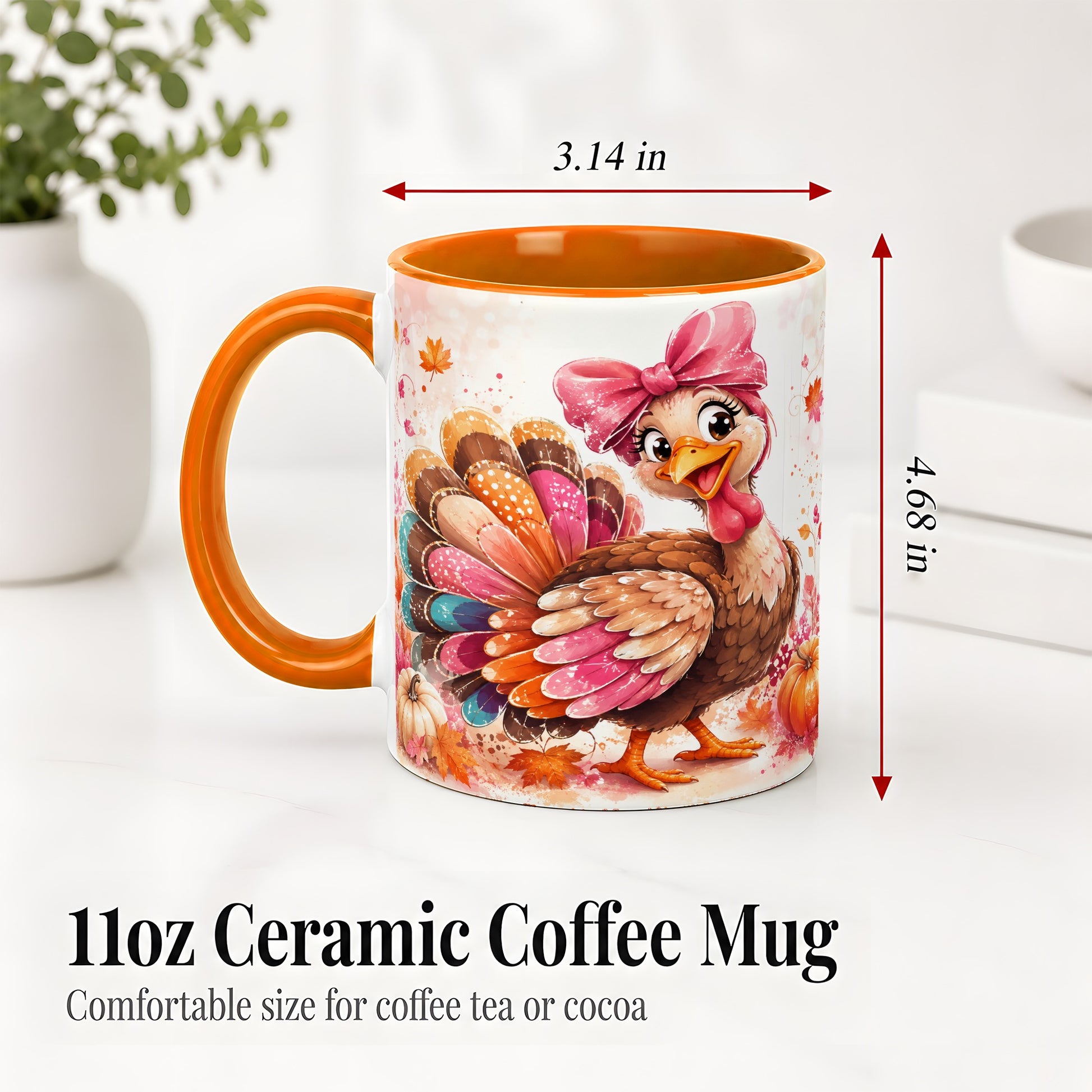 #pl[11oz|Orange] Colorful Thanksgiving Turkey Accent Mug, Mug with Pink Bow Art