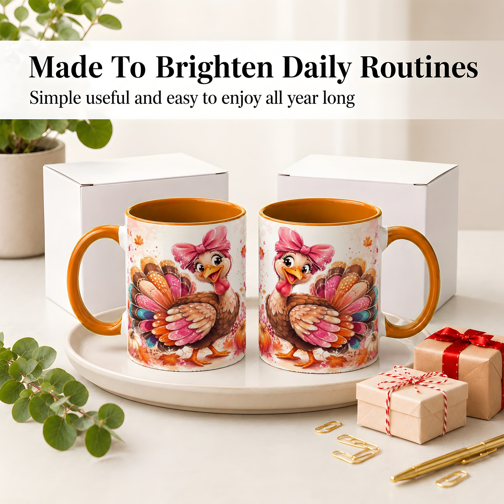 #pl[11oz|Orange] Colorful Thanksgiving Turkey Accent Mug, Mug with Pink Bow Art