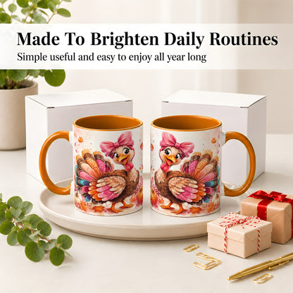 #pl[11oz|Orange] Colorful Thanksgiving Turkey Accent Mug, Mug with Pink Bow Art