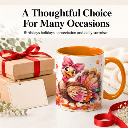 #pl[11oz|Orange] Colorful Thanksgiving Turkey Accent Mug, Mug with Pink Bow Art