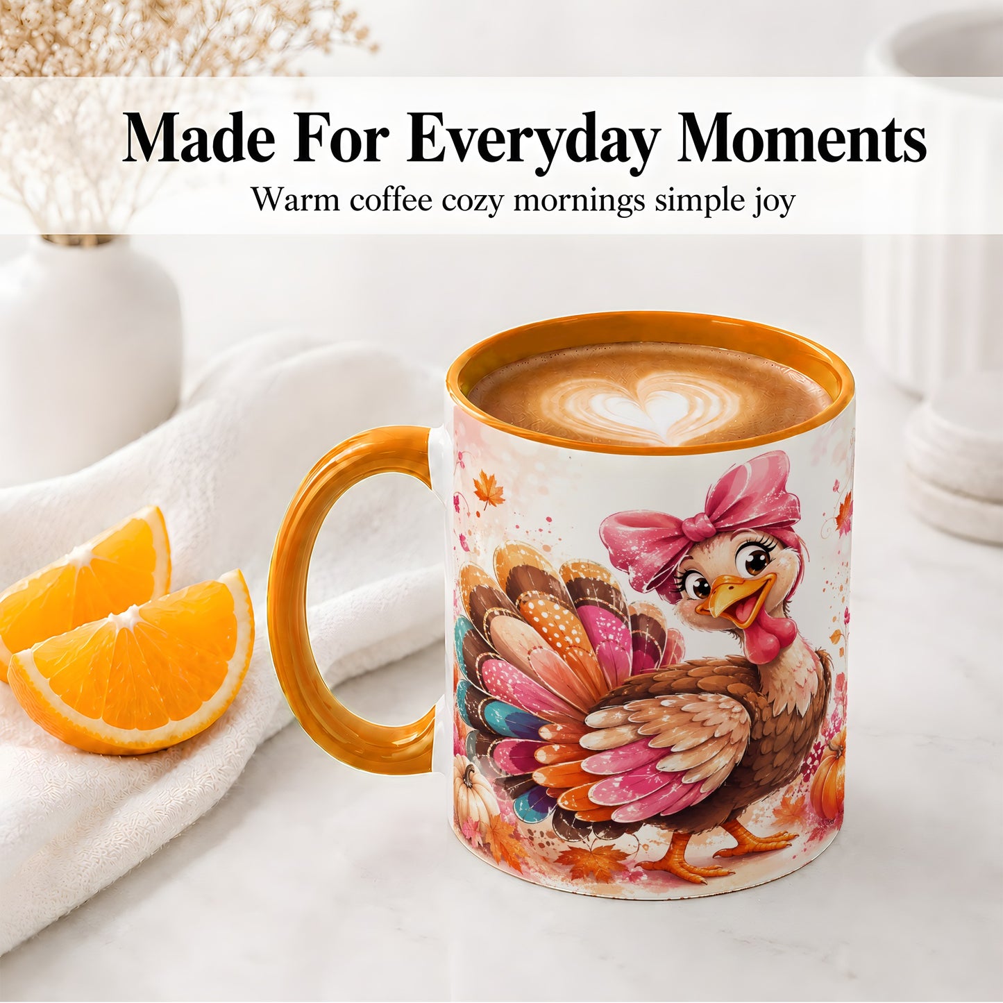 #pl[11oz|Orange] Colorful Thanksgiving Turkey Accent Mug, Mug with Pink Bow Art