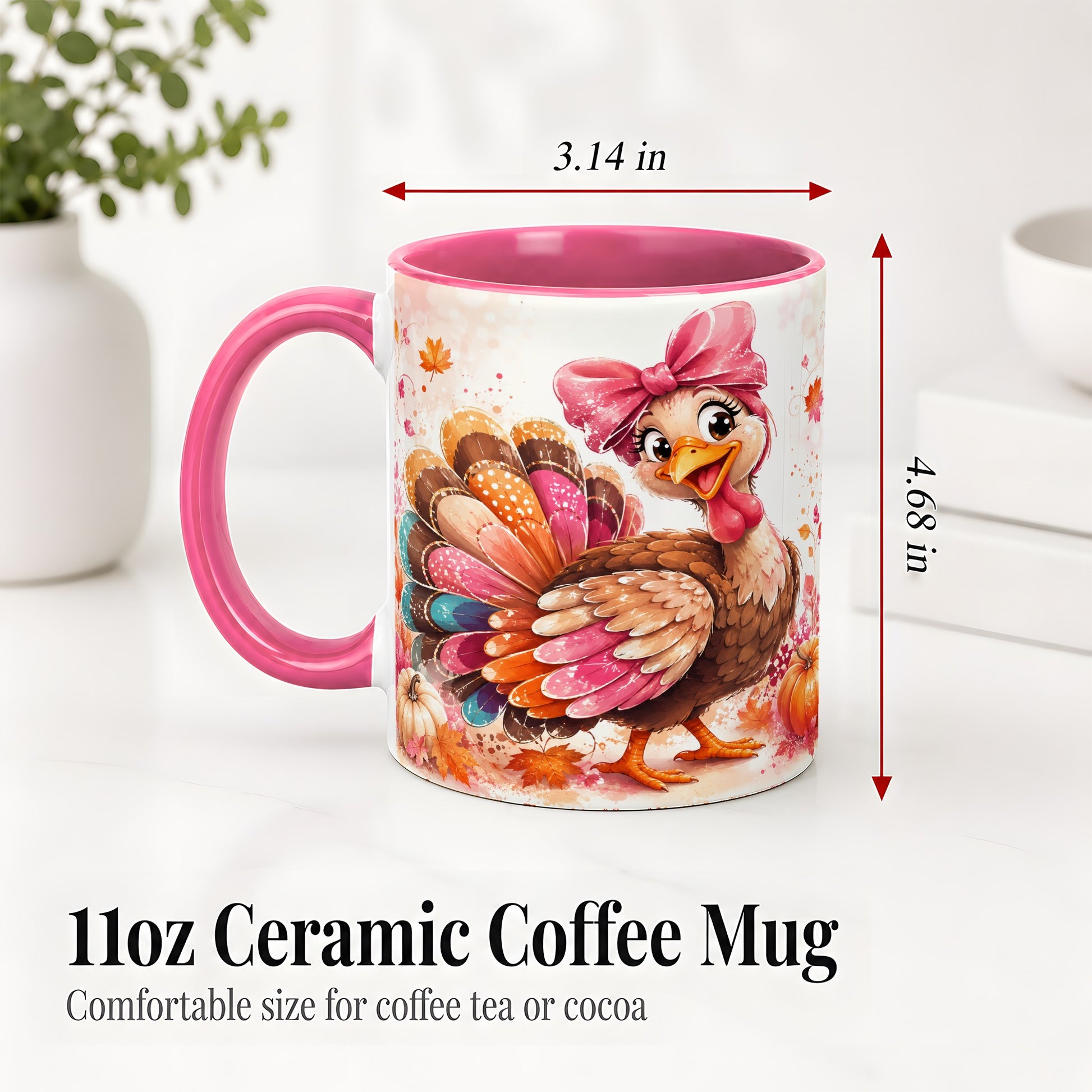 #pl[11oz|Pink] Colorful Thanksgiving Turkey Accent Mug, Mug with Pink Bow Art