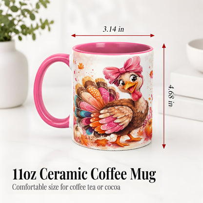 #pl[11oz|Pink] Colorful Thanksgiving Turkey Accent Mug, Mug with Pink Bow Art