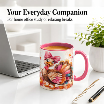 #pl[11oz|Pink] Colorful Thanksgiving Turkey Accent Mug, Mug with Pink Bow Art