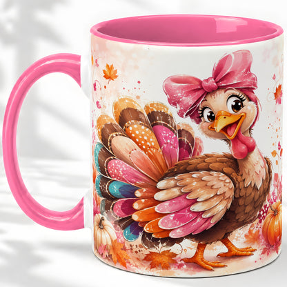 #pl[11oz|Pink] Colorful Thanksgiving Turkey Accent Mug, Mug with Pink Bow Art