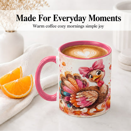 #pl[11oz|Pink] Colorful Thanksgiving Turkey Accent Mug, Mug with Pink Bow Art