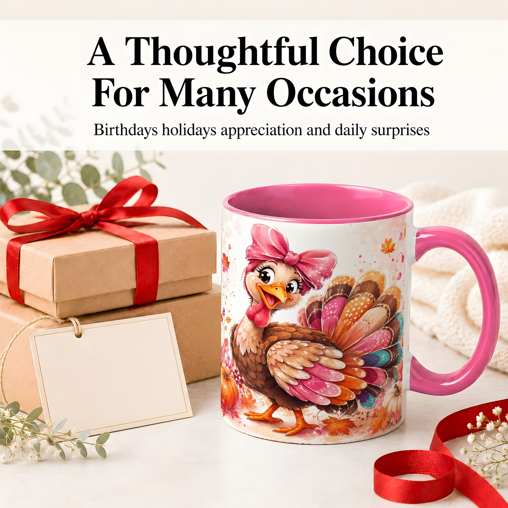 #pl[11oz|Pink] Colorful Thanksgiving Turkey Accent Mug, Mug with Pink Bow Art