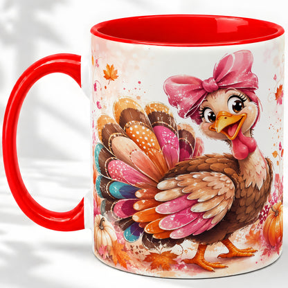 Colorful Thanksgiving Turkey Accent Mug, Mug with Pink Bow Art