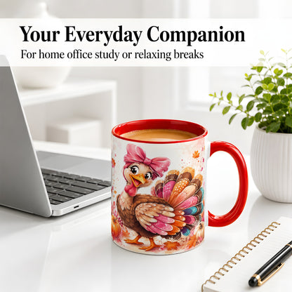 #pl[11oz|Red] Colorful Thanksgiving Turkey Accent Mug, Mug with Pink Bow Art