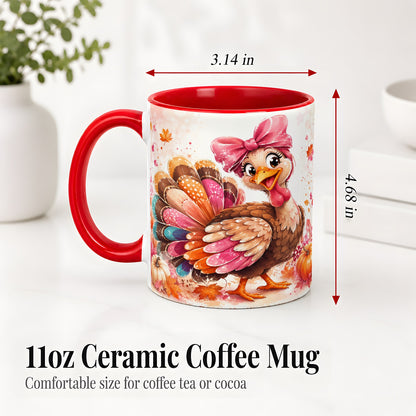 #pl[11oz|Red] Colorful Thanksgiving Turkey Accent Mug, Mug with Pink Bow Art