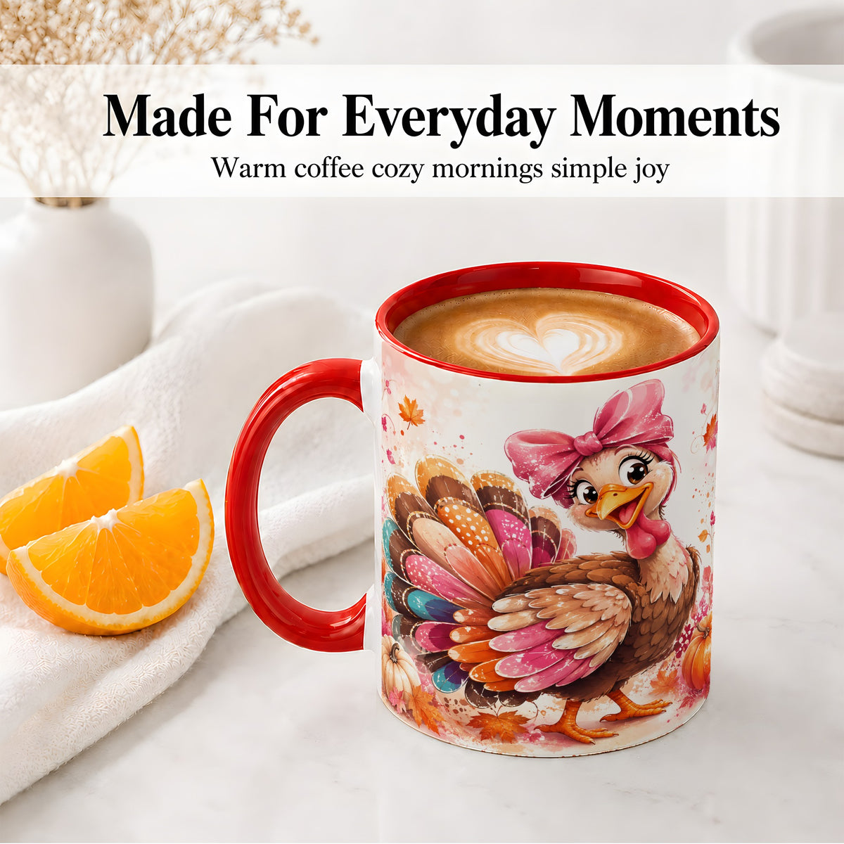 #pl[11oz|Red] Colorful Thanksgiving Turkey Accent Mug, Mug with Pink Bow Art