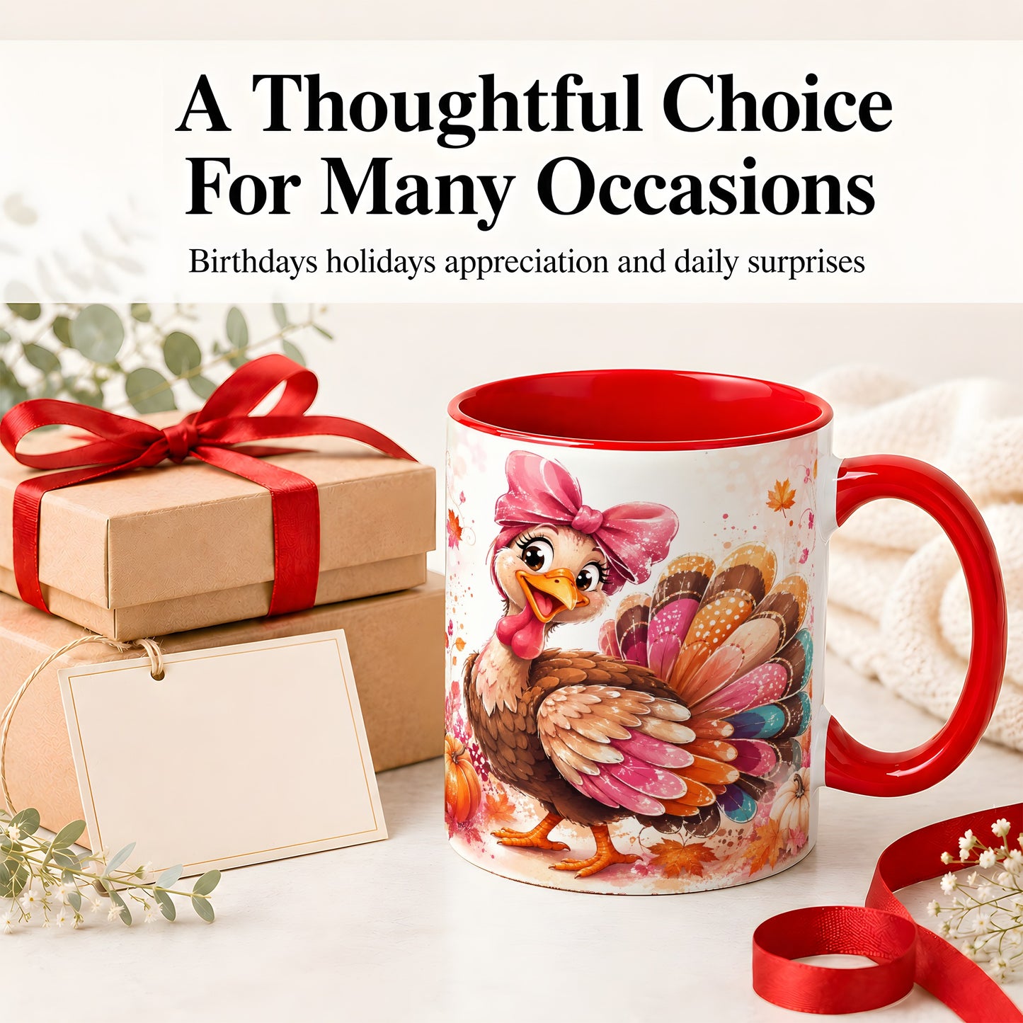 #pl[11oz|Red] Colorful Thanksgiving Turkey Accent Mug, Mug with Pink Bow Art