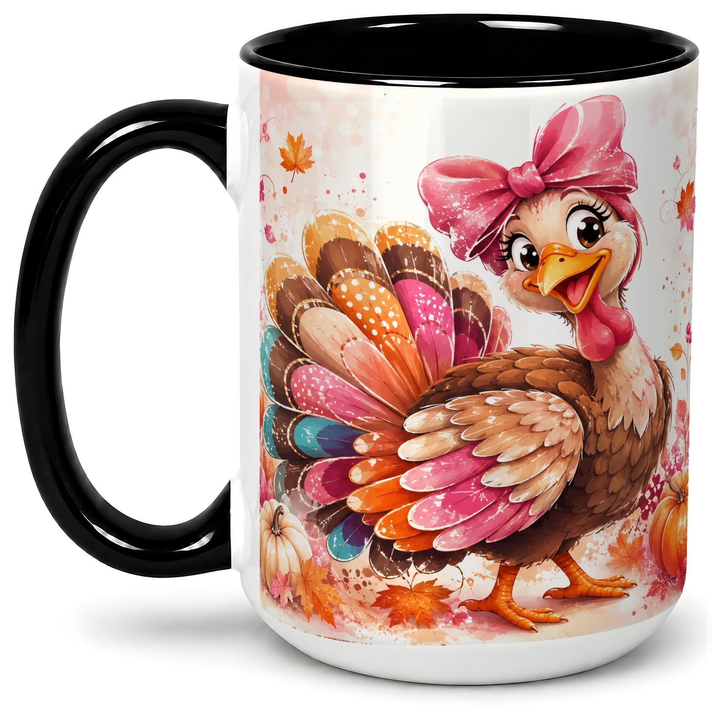 #pl[15oz|Black] Colorful Thanksgiving Turkey Accent Mug, Mug with Pink Bow Art