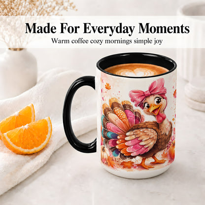 #pl[15oz|Black] Colorful Thanksgiving Turkey Accent Mug, Mug with Pink Bow Art