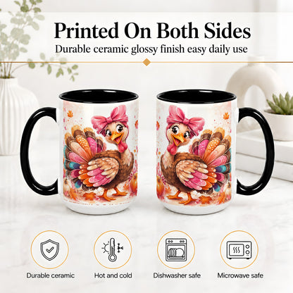 #pl[15oz|Black] Colorful Thanksgiving Turkey Accent Mug, Mug with Pink Bow Art