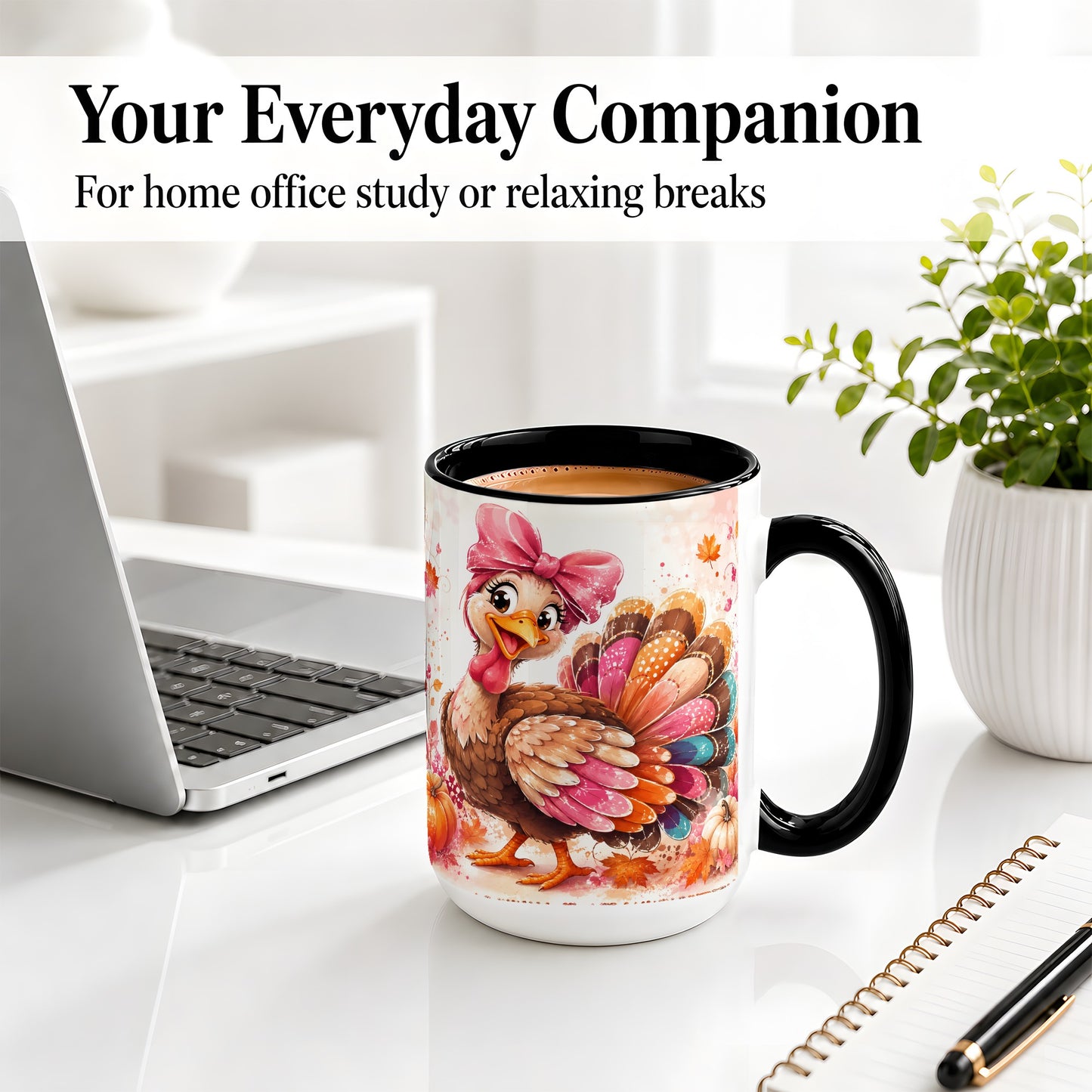 #pl[15oz|Black] Colorful Thanksgiving Turkey Accent Mug, Mug with Pink Bow Art