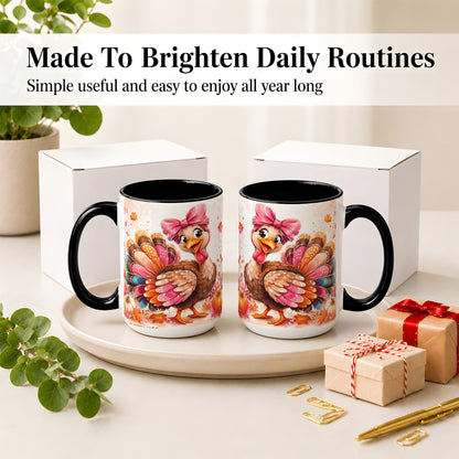 #pl[15oz|Black] Colorful Thanksgiving Turkey Accent Mug, Mug with Pink Bow Art