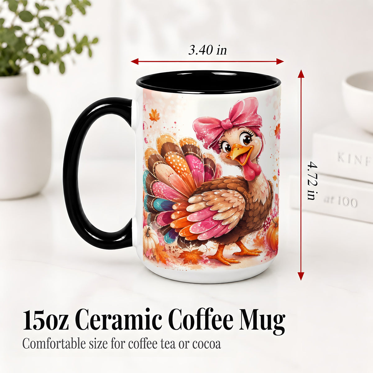 #pl[15oz|Black] Colorful Thanksgiving Turkey Accent Mug, Mug with Pink Bow Art