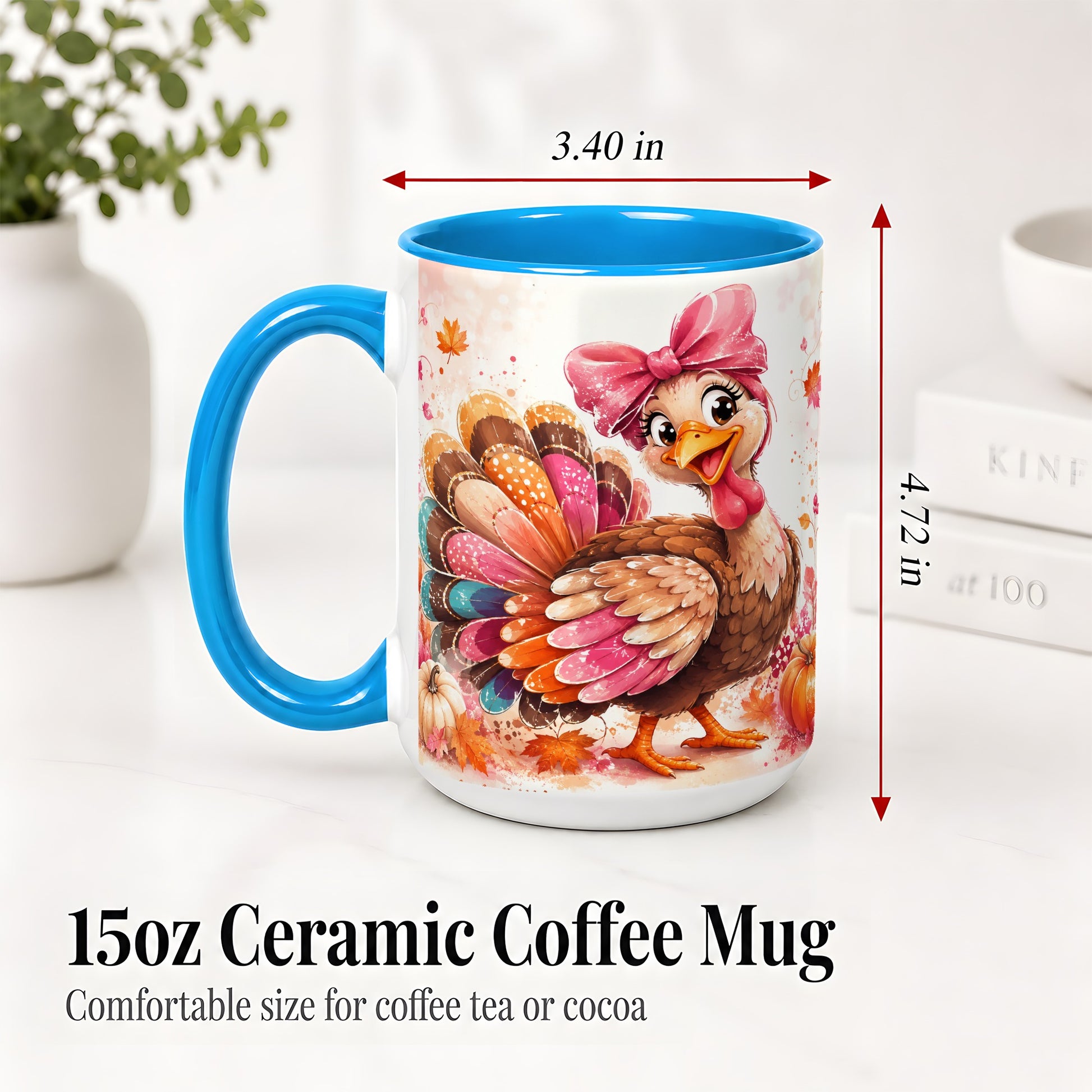 #pl[15oz|Blue] Colorful Thanksgiving Turkey Accent Mug, Mug with Pink Bow Art