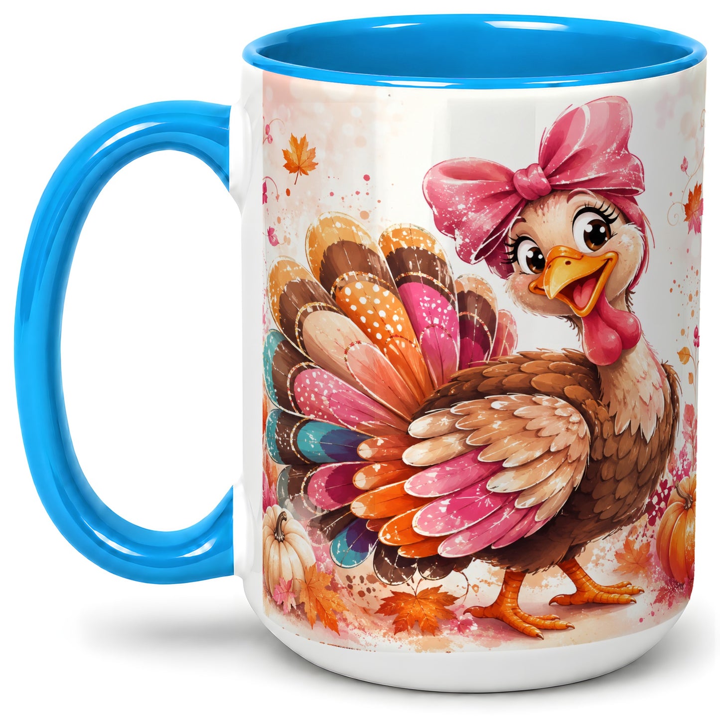 #pl[15oz|Blue] Colorful Thanksgiving Turkey Accent Mug, Mug with Pink Bow Art