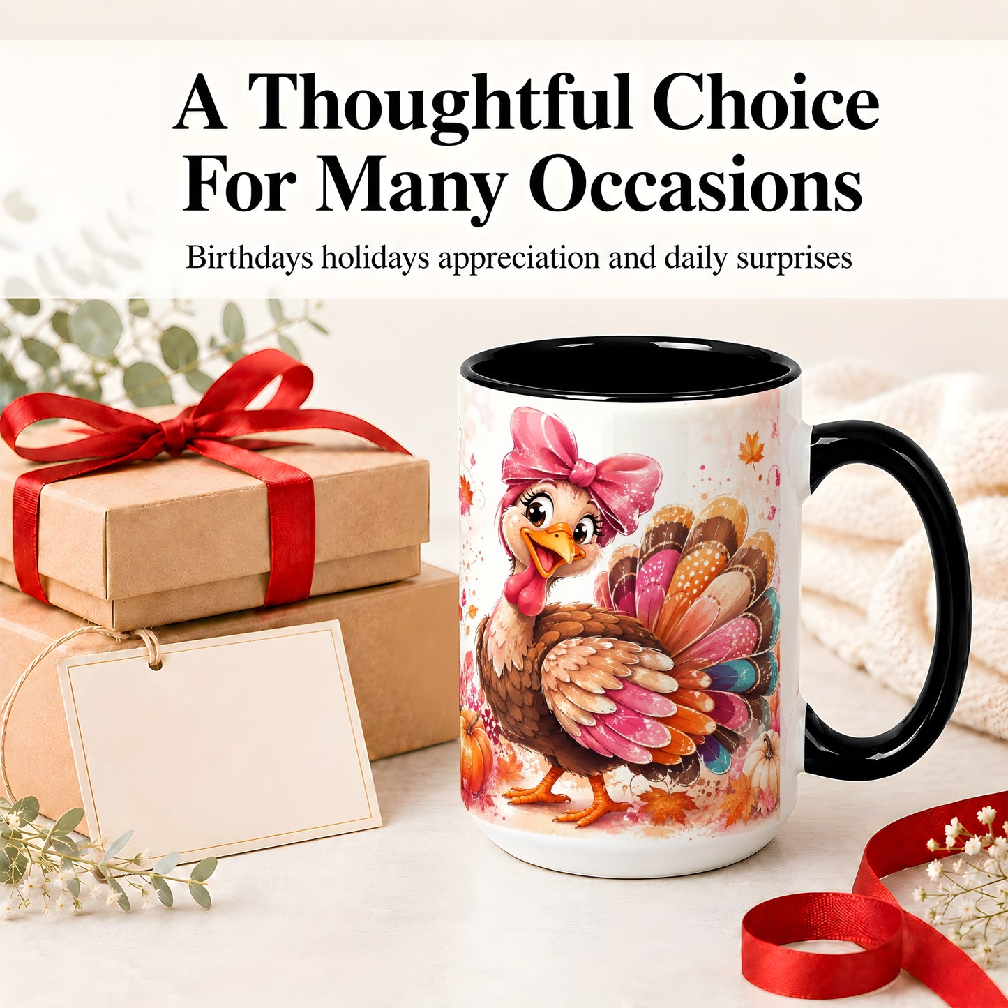 #pl[15oz|Black] Colorful Thanksgiving Turkey Accent Mug, Mug with Pink Bow Art