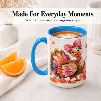 #pl[15oz|Blue] Colorful Thanksgiving Turkey Accent Mug, Mug with Pink Bow Art
