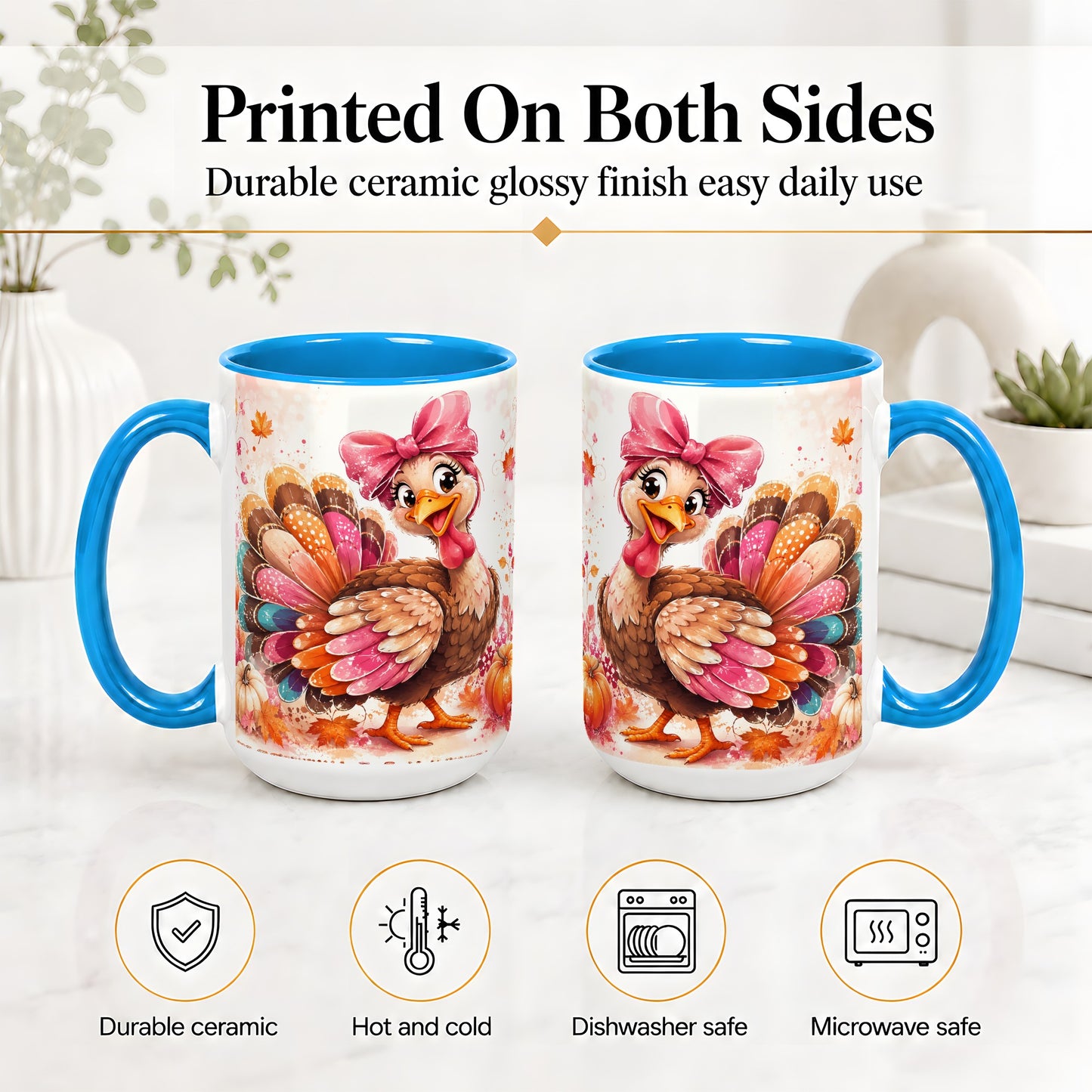#pl[15oz|Blue] Colorful Thanksgiving Turkey Accent Mug, Mug with Pink Bow Art