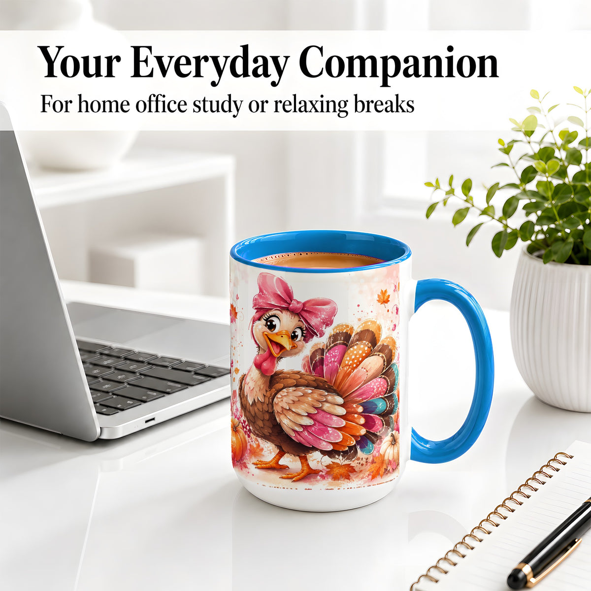 #pl[15oz|Blue] Colorful Thanksgiving Turkey Accent Mug, Mug with Pink Bow Art