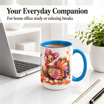 #pl[15oz|Blue] Colorful Thanksgiving Turkey Accent Mug, Mug with Pink Bow Art