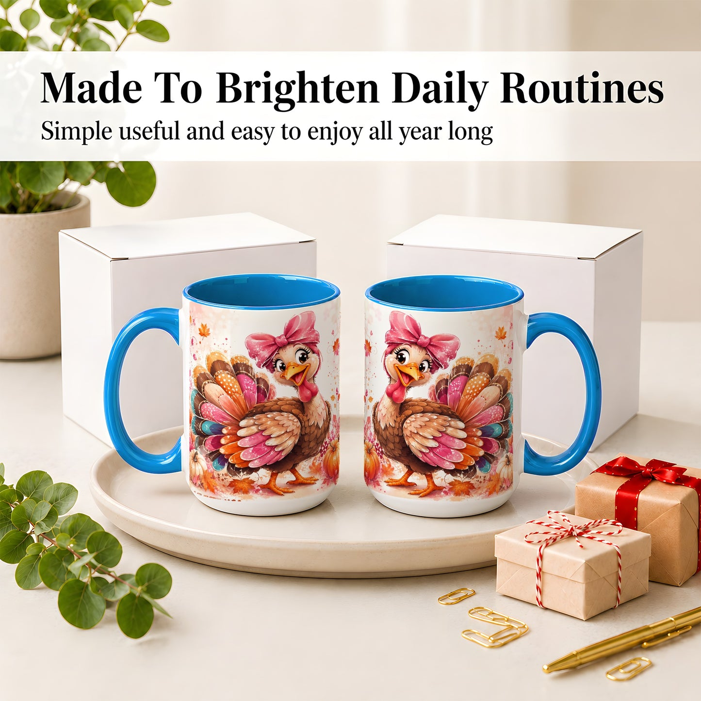 #pl[15oz|Blue] Colorful Thanksgiving Turkey Accent Mug, Mug with Pink Bow Art