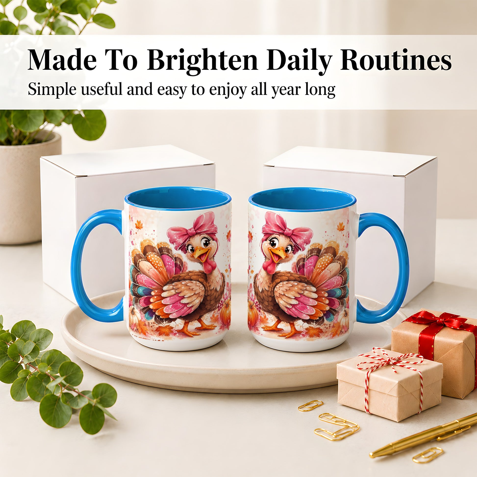 #pl[15oz|Blue] Colorful Thanksgiving Turkey Accent Mug, Mug with Pink Bow Art
