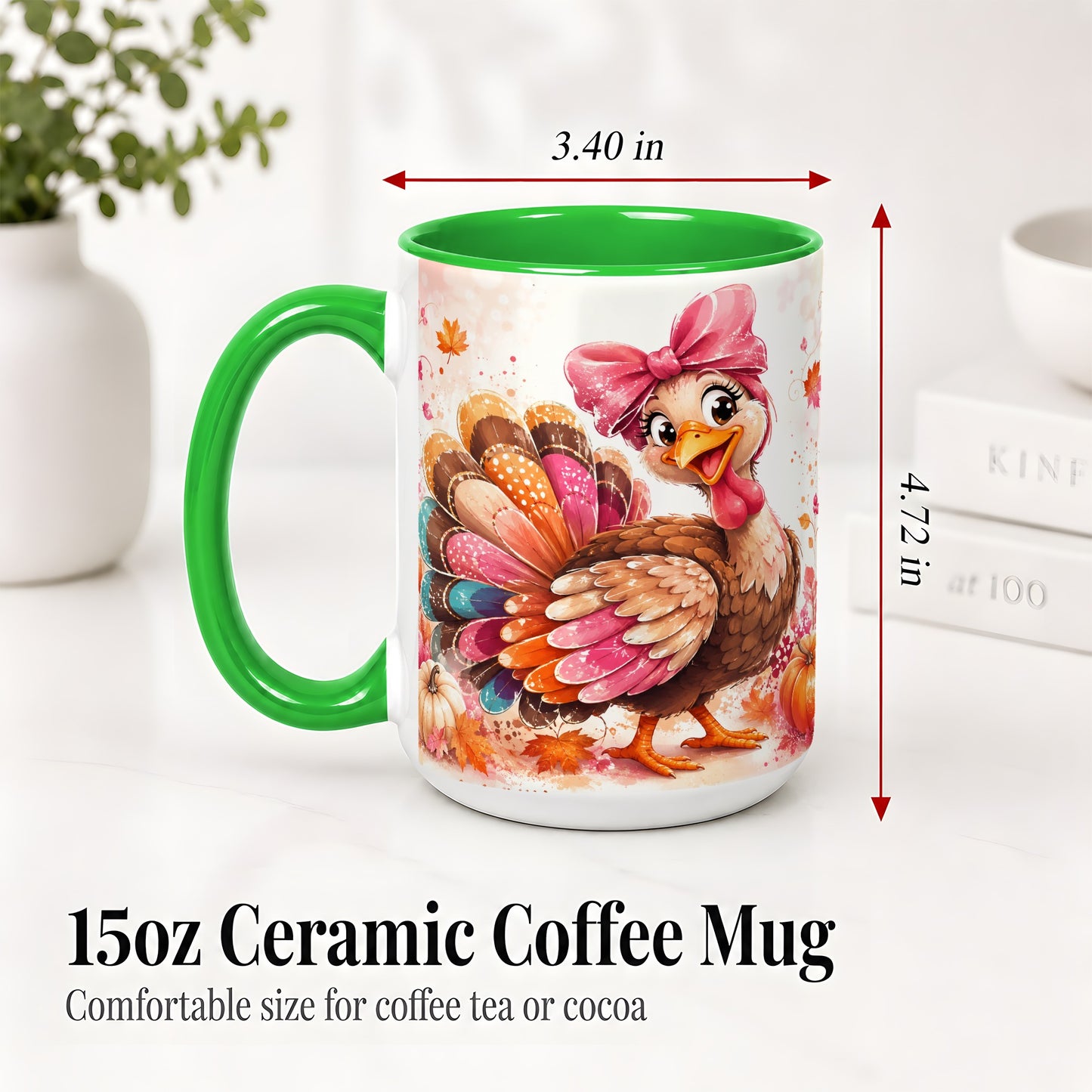 #pl[15oz|Green] Colorful Thanksgiving Turkey Accent Mug, Mug with Pink Bow Art