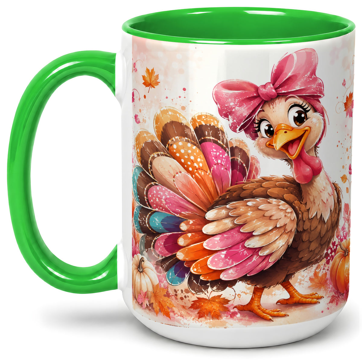 #pl[15oz|Green] Colorful Thanksgiving Turkey Accent Mug, Mug with Pink Bow Art