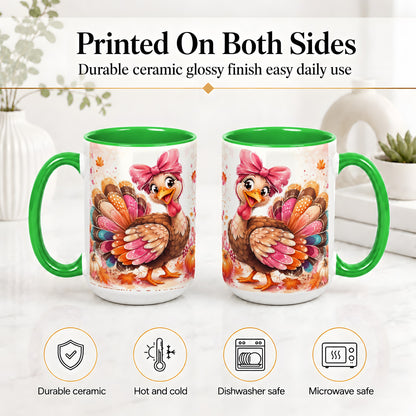 #pl[15oz|Green] Colorful Thanksgiving Turkey Accent Mug, Mug with Pink Bow Art