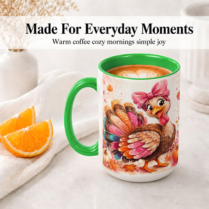 #pl[15oz|Green] Colorful Thanksgiving Turkey Accent Mug, Mug with Pink Bow Art