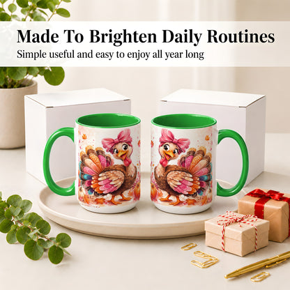 #pl[15oz|Green] Colorful Thanksgiving Turkey Accent Mug, Mug with Pink Bow Art