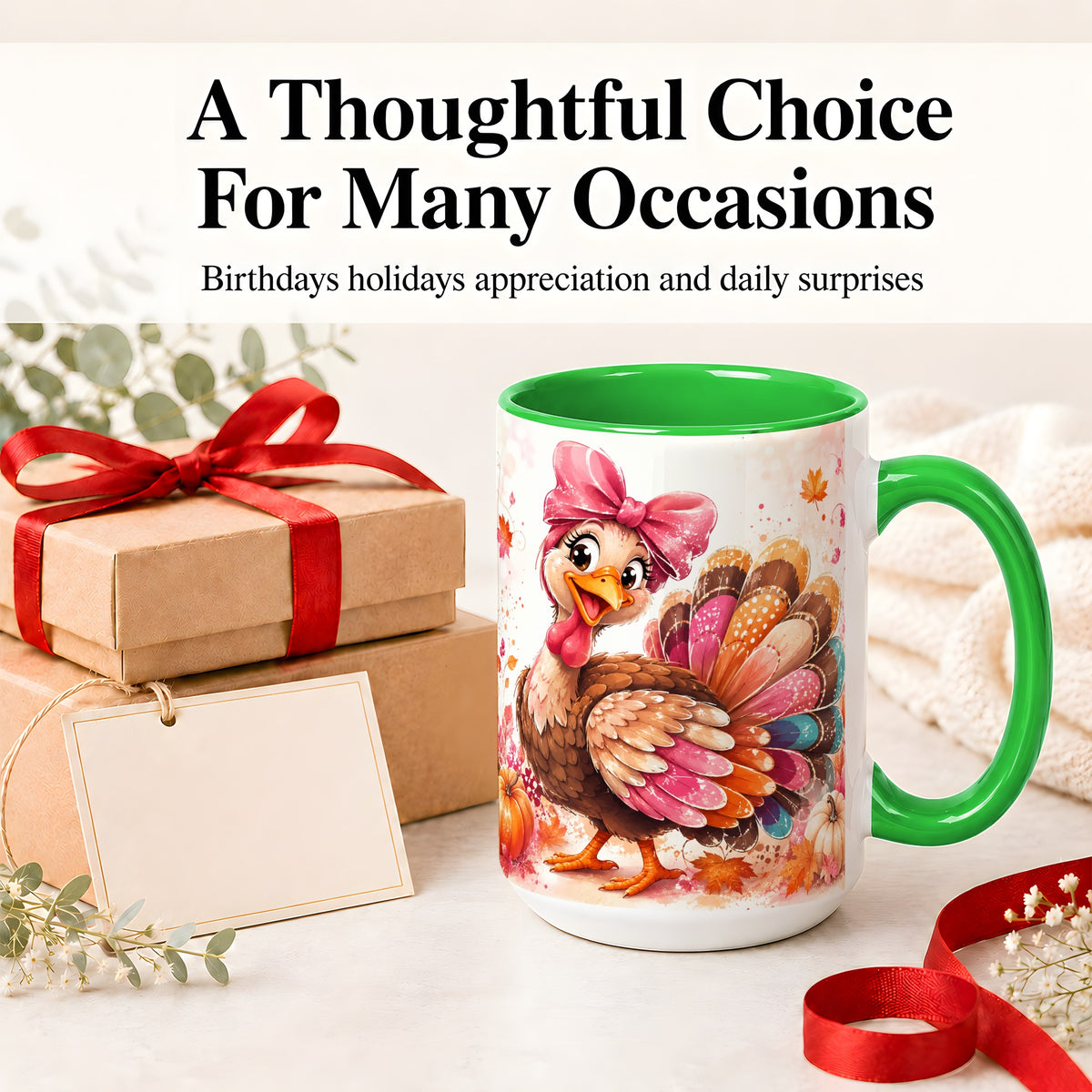 #pl[15oz|Green] Colorful Thanksgiving Turkey Accent Mug, Mug with Pink Bow Art