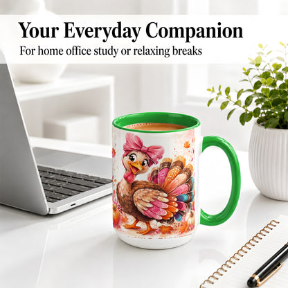 #pl[15oz|Green] Colorful Thanksgiving Turkey Accent Mug, Mug with Pink Bow Art