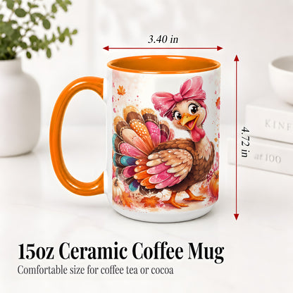 #pl[15oz|Orange] Colorful Thanksgiving Turkey Accent Mug, Mug with Pink Bow Art