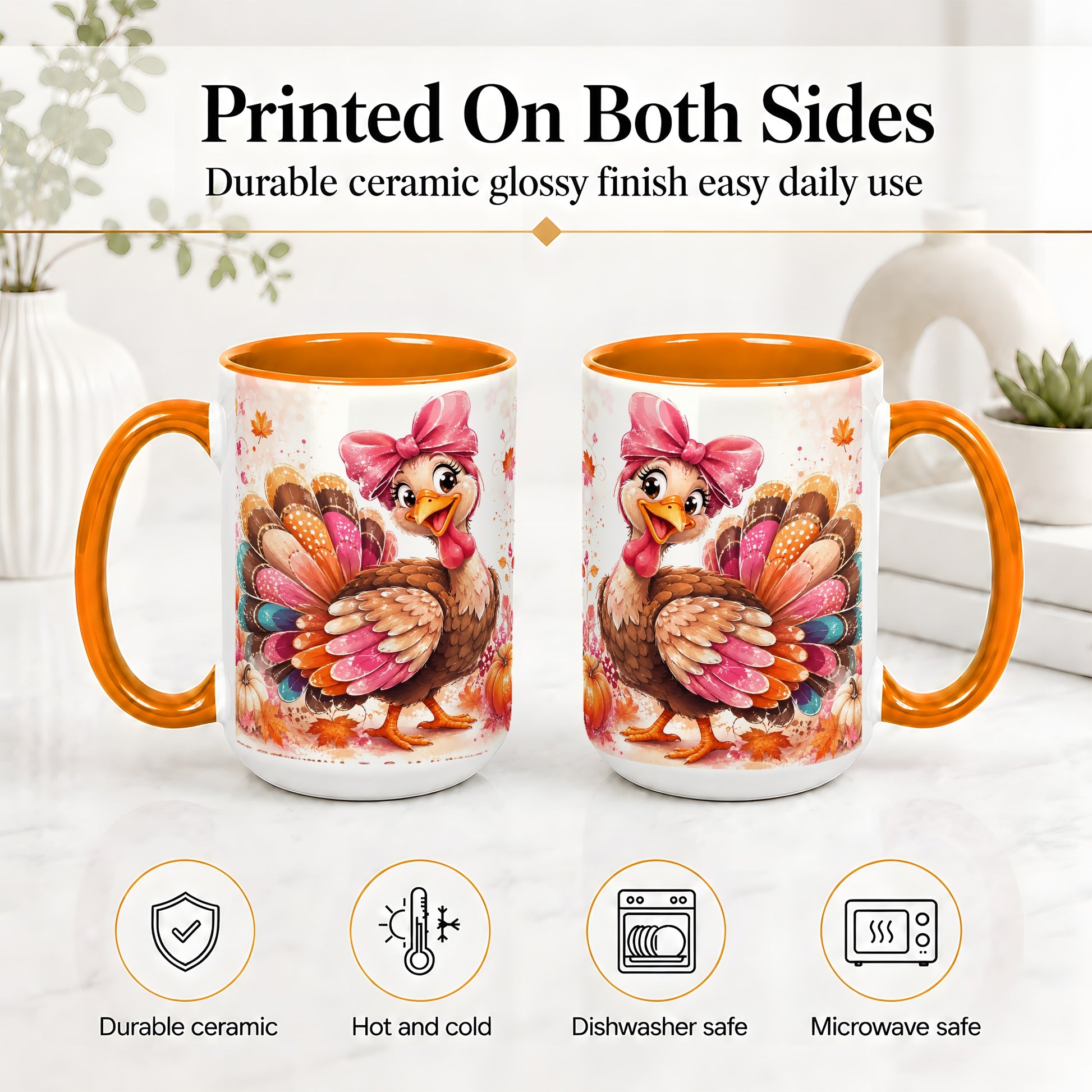#pl[15oz|Orange] Colorful Thanksgiving Turkey Accent Mug, Mug with Pink Bow Art