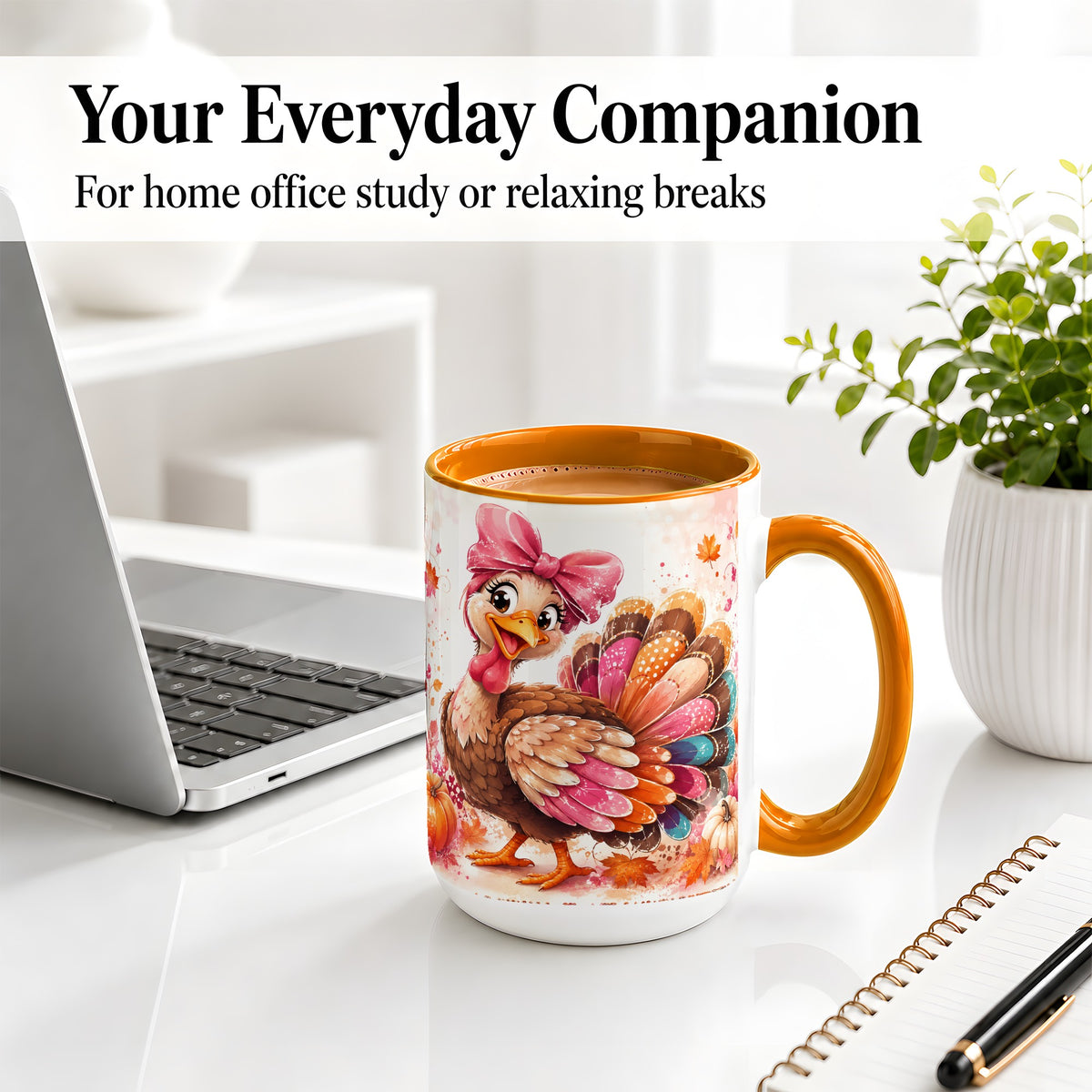 #pl[15oz|Orange] Colorful Thanksgiving Turkey Accent Mug, Mug with Pink Bow Art