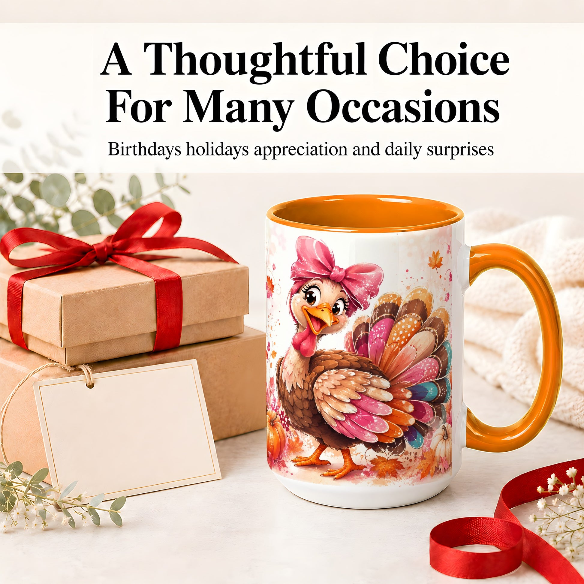 #pl[15oz|Orange] Colorful Thanksgiving Turkey Accent Mug, Mug with Pink Bow Art