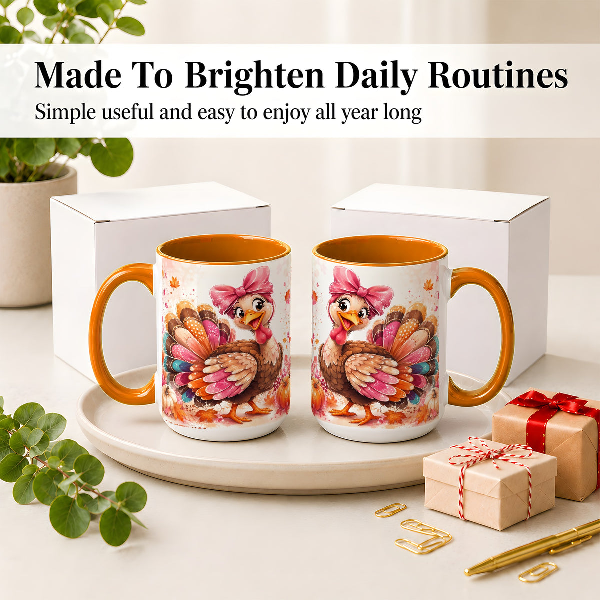 #pl[15oz|Orange] Colorful Thanksgiving Turkey Accent Mug, Mug with Pink Bow Art