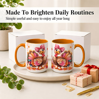 #pl[15oz|Orange] Colorful Thanksgiving Turkey Accent Mug, Mug with Pink Bow Art