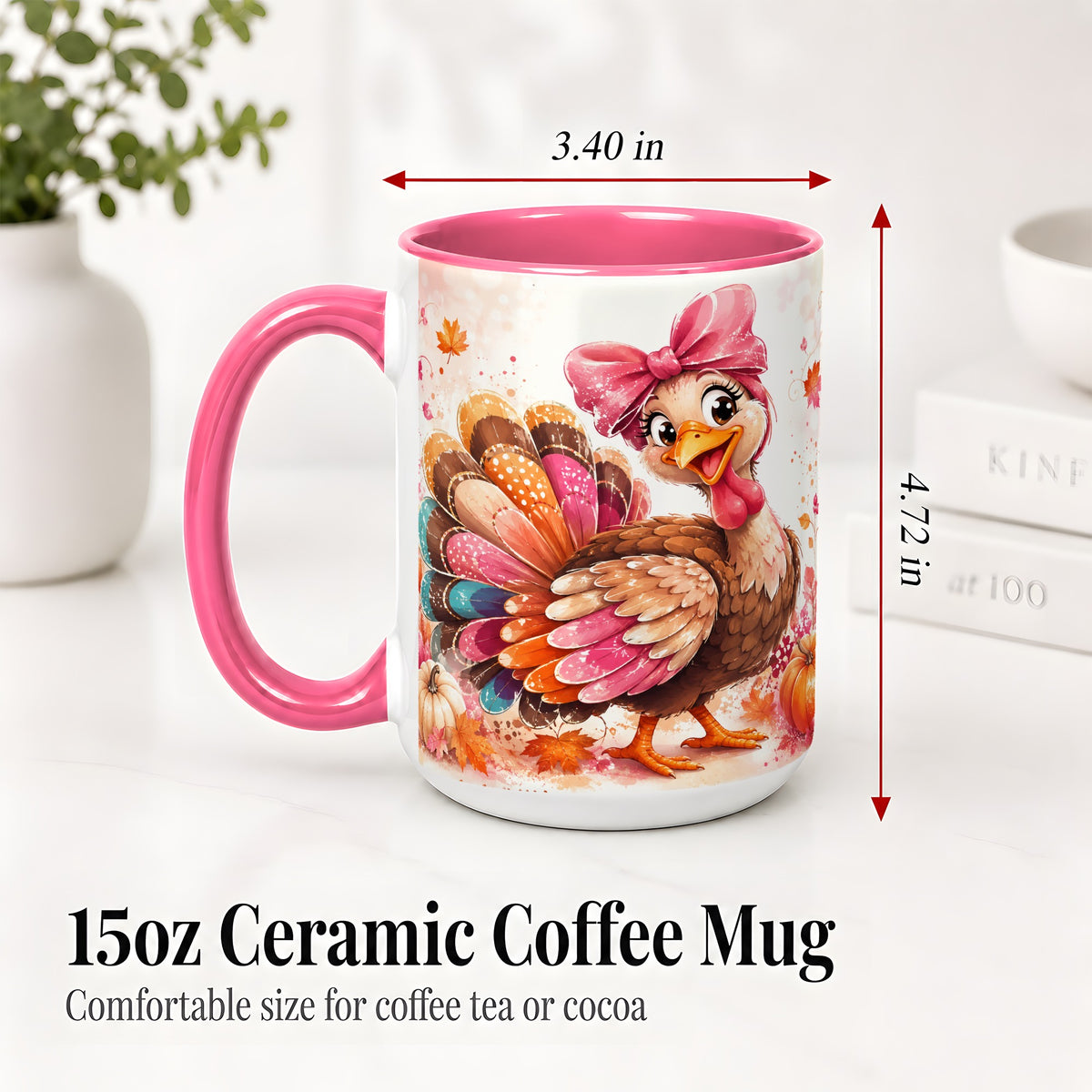#pl[15oz|Pink] Colorful Thanksgiving Turkey Accent Mug, Mug with Pink Bow Art